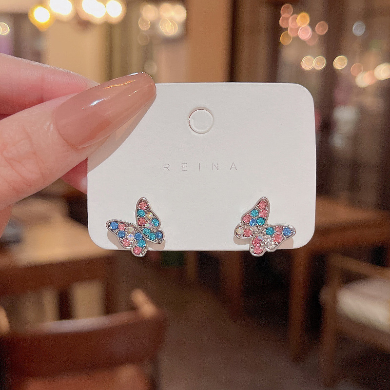 High Sense925 Perak Jarum Warna-Warni Kupu-Kupu Anting Wanita Fashion Berlian Stud Earrings