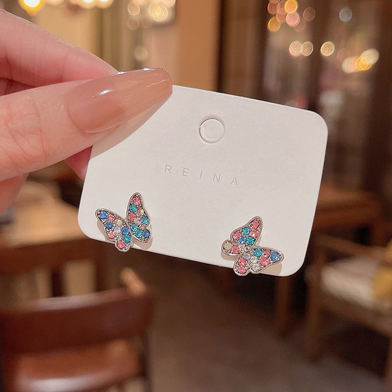 High Sense925 Perak Jarum Warna-Warni Kupu-Kupu Anting Wanita Fashion Berlian Stud Earrings