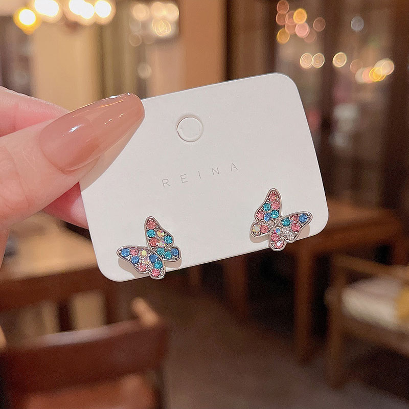 High Sense925 Perak Jarum Warna-Warni Kupu-Kupu Anting Wanita Fashion Berlian Stud Earrings