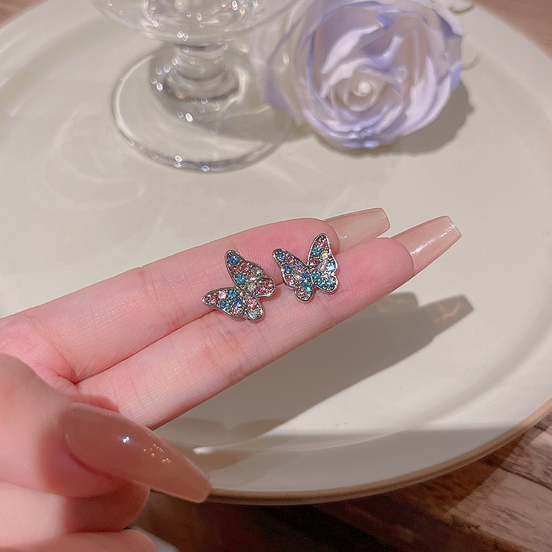 High Sense925 Perak Jarum Warna-Warni Kupu-Kupu Anting Wanita Fashion Berlian Stud Earrings