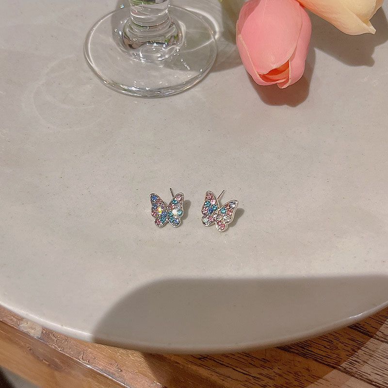 High Sense925 Perak Jarum Warna-Warni Kupu-Kupu Anting Wanita Fashion Berlian Stud Earrings