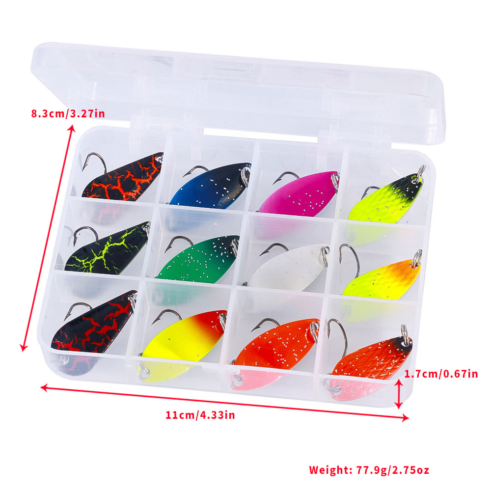 Hengjia 12PCS/Box Sendok Lure Set Umpan Logam 2.5g 3g 4.5g 5g Warna Campur Pesca Air Tawar Memancing Tackle Isca Buatan Memancing Danau