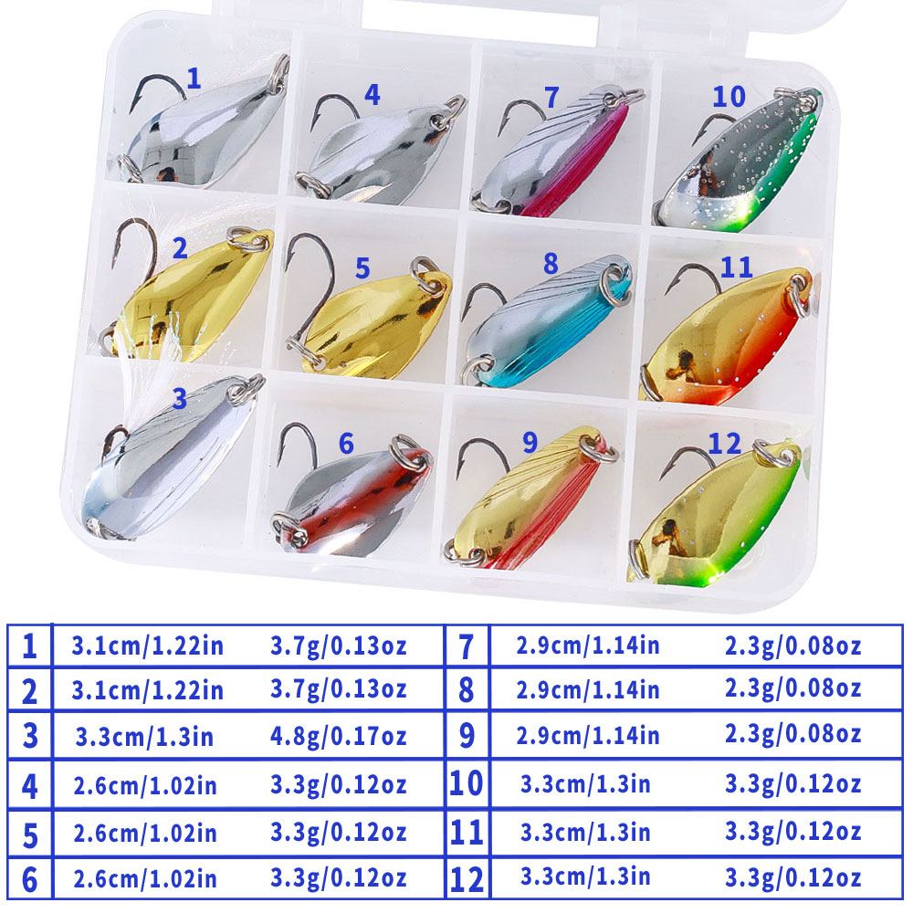 Hengjia 12PCS/Box Sendok Lure Set Umpan Logam 2.5g 3g 4.5g 5g Warna Campur Pesca Air Tawar Memancing Tackle Isca Buatan Memancing Danau