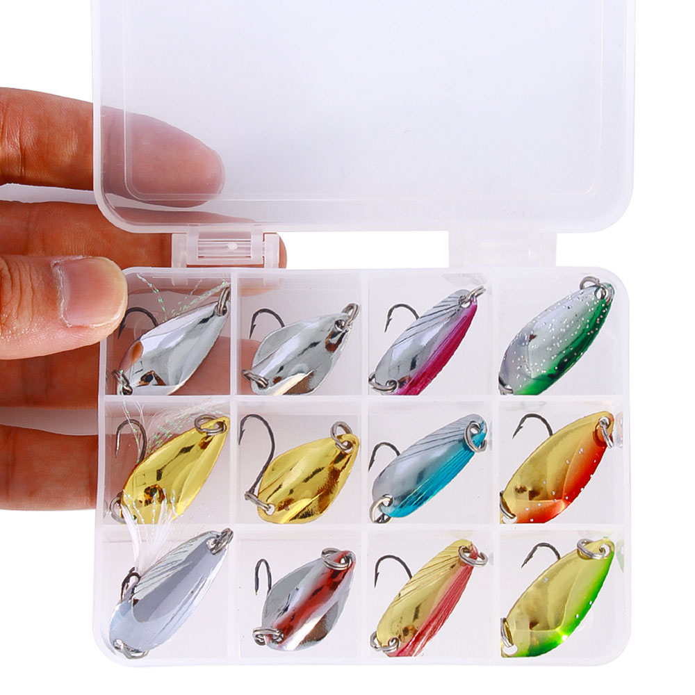 Hengjia 12PCS/Box Sendok Lure Set Umpan Logam 2.5g 3g 4.5g 5g Warna Campur Pesca Air Tawar Memancing Tackle Isca Buatan Memancing Danau