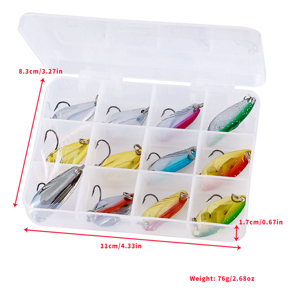 Hengjia 12PCS/Box Sendok Lure Set Umpan Logam 2.5g 3g 4.5g 5g Warna Campur Pesca Air Tawar Memancing Tackle Isca Buatan Memancing Danau