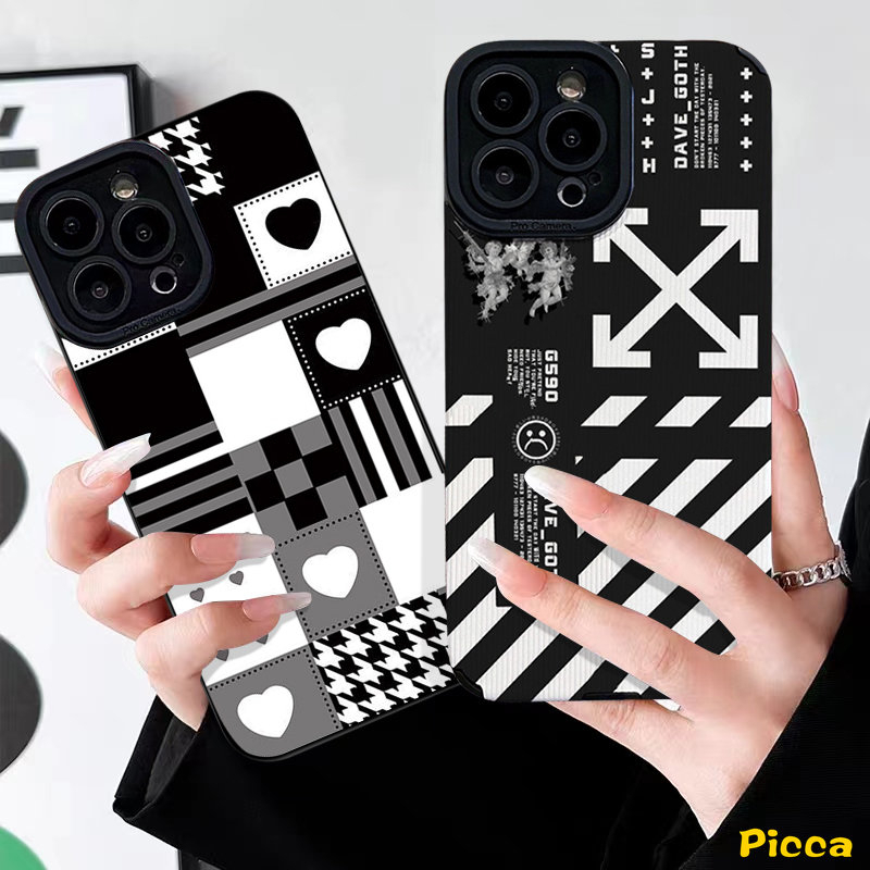 IPHONE Trendy Merek O.F.F-W.h.i.t.e Stripe Sticker Case Kompatibel Untuk Iphone11 13 14 12 Pro MAX 7Plus XR X XS Max7 8 Plus Tekstur Mewah Kulit Lembut Silicon Cover