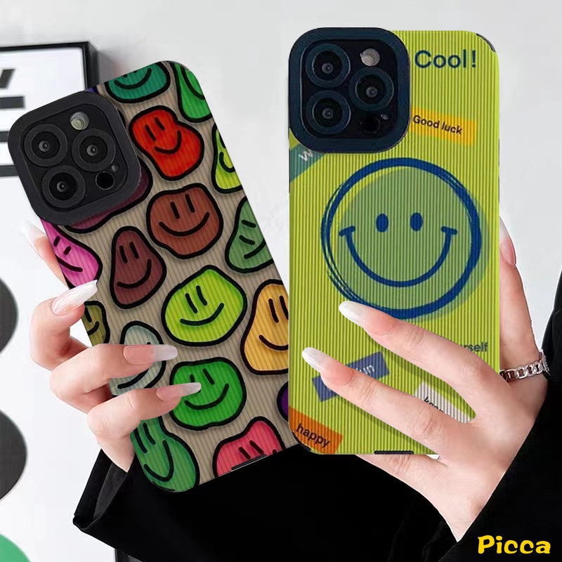 Casing Ponsel Tekstur Kulit Mewah Kompatibel Untuk IPhone 7Plus 11 14 12 13 Pro MAX XR 7 8 Plus X XS MAX Graffiti Kartun Smiley Warna-Warni Lembut Shockproof Silicon Cover