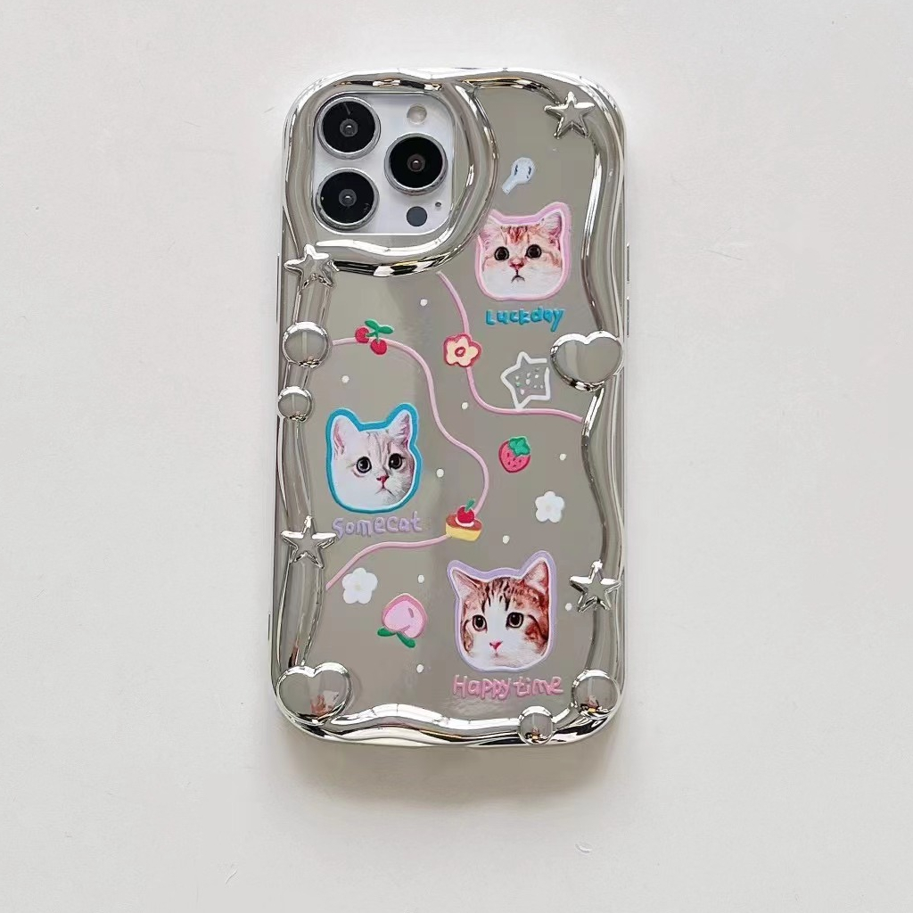 Lovely Kitty Puppy Wave Silver Mirror Soft Case iP iPhone 14 + Plus X XS XR 11 12 13 Pro Max FTD Casing Apple