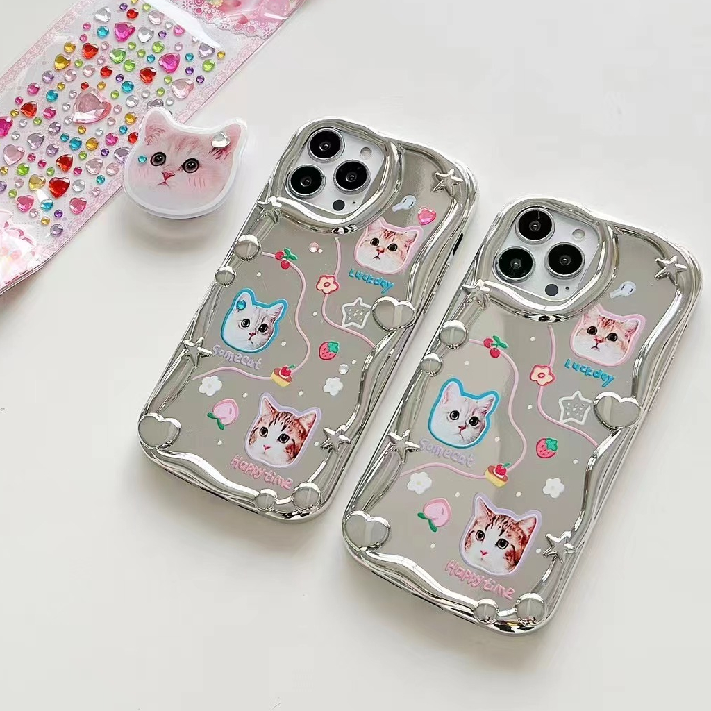 Lovely Kitty Puppy Wave Silver Mirror Soft Case iP iPhone 14 + Plus X XS XR 11 12 13 Pro Max FTD Casing Apple