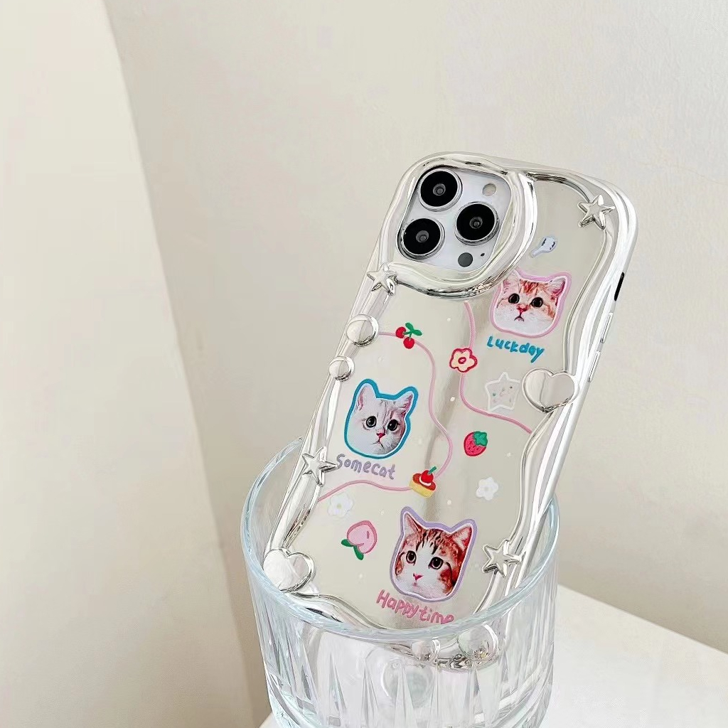 Lovely Kitty Puppy Wave Silver Mirror Soft Case iP iPhone 14 + Plus X XS XR 11 12 13 Pro Max FTD Casing Apple