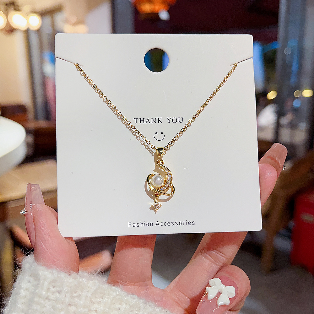 Xiaoboacc Kalung Rantai Klavikula Bintang Dan Bulan Bahan Titanium Steel Untuk Wanita