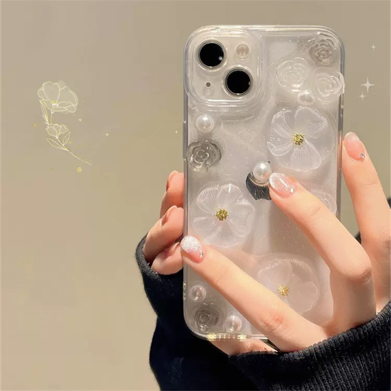 Soft Case TPU Motif Bunga Mutiara 3D Untuk IPhone 14 Pro Max 13 12 11 Pro Max X XR 8 7 Plus