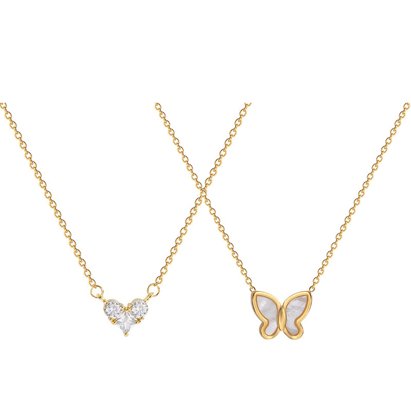 XiaoboACC Kalung Rantai Klavikula Bahan Titanium Steel Lapis Emas Dengan Liontin Hati Zirkon Ukuran - 38CM+6CM