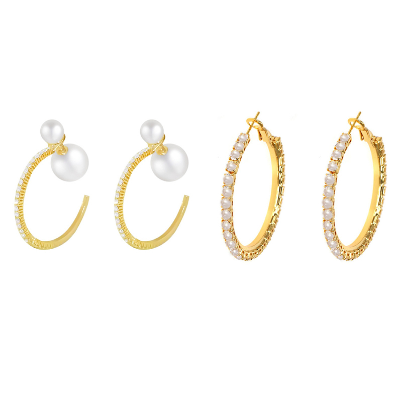 Xiaoboacc 925jarum Perak Berbentuk C Anting Mutiara Wanita Mewah Zirkon Hoop Stud Earring