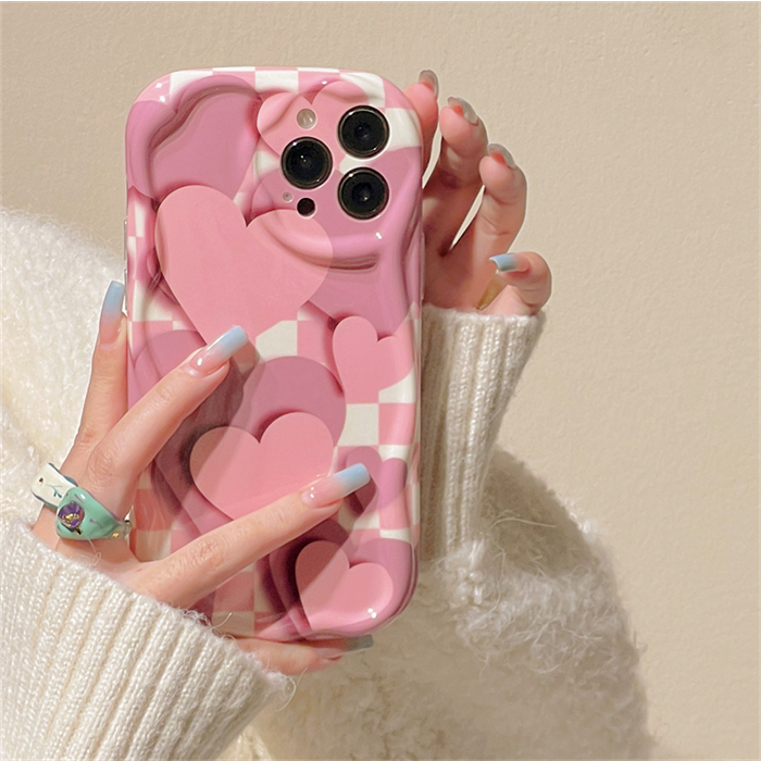 Rose Pink Lattice Case Kompatibel Untuk IPhone 11 Pro Max 7Plus XR 13 14 12 Pro Max X 7 8 6s 6 Plus XS Max SE 2020 3D Wavy Curved Edge Glossy Love Heart Soft Back Cover