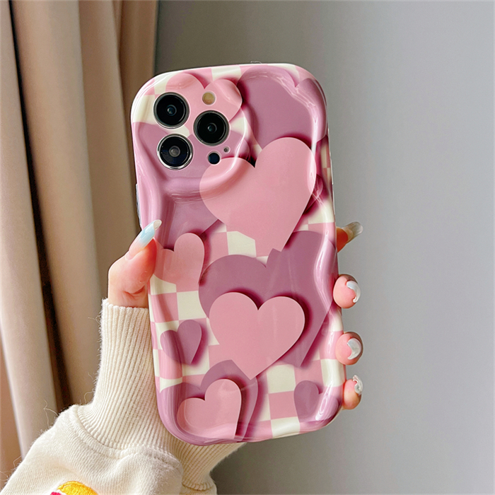 Rose Pink Lattice Case Kompatibel Untuk IPhone 11 Pro Max 7Plus XR 13 14 12 Pro Max X 7 8 6s 6 Plus XS Max SE 2020 3D Wavy Curved Edge Glossy Love Heart Soft Back Cover