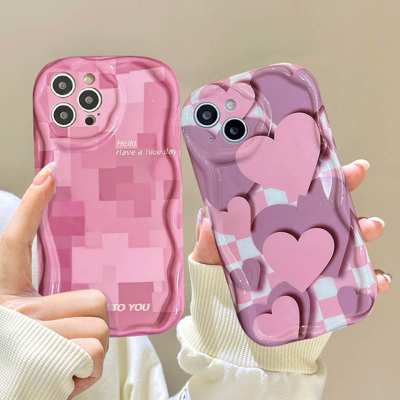 Rose Pink Lattice Case Kompatibel Untuk IPhone 11 Pro Max 7Plus XR 13 14 12 Pro Max X 7 8 6s 6 Plus XS Max SE 2020 3D Wavy Curved Edge Glossy Love Heart Soft Back Cover