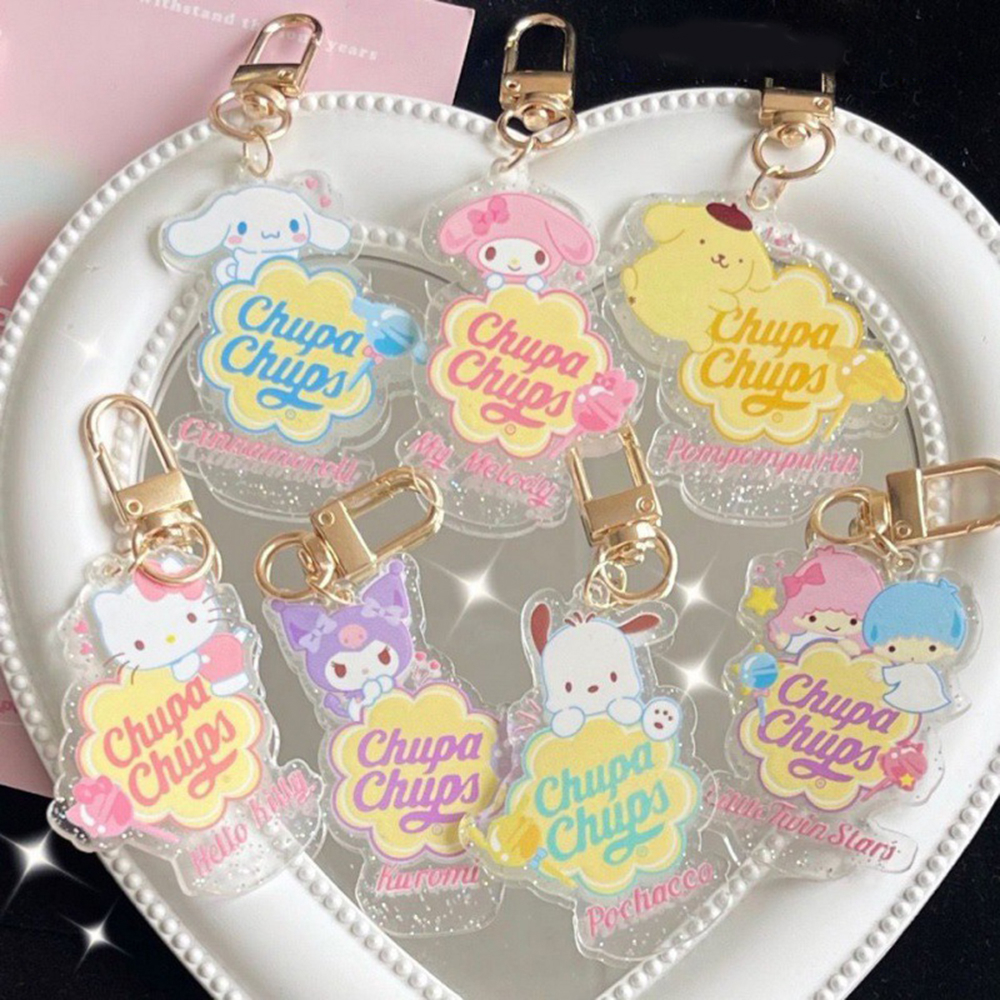 Sanrio Cinnamoroll Kuromi My Melody Hello Kitty Pendent Cartoon Cute Glitter Keychain Anime Gantungan Kunci Akrilik Dekorasi