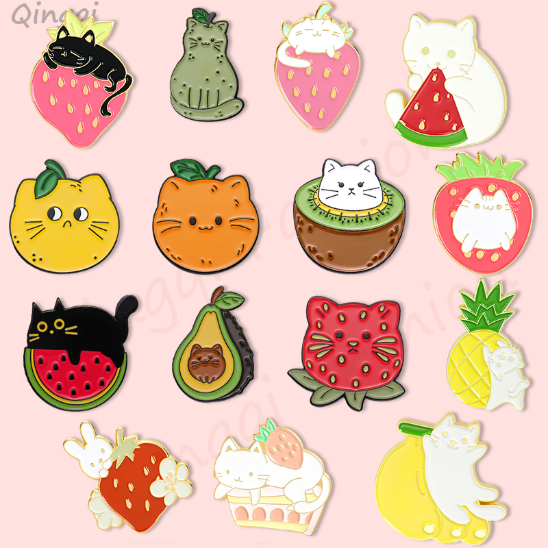 Buah-buahan Lucu Kucing Enamel Pin Strawberry Manis Lemon Bros Lencana Kartun Hewan Kerah Lencana Ransel Perhiasan Hadiah