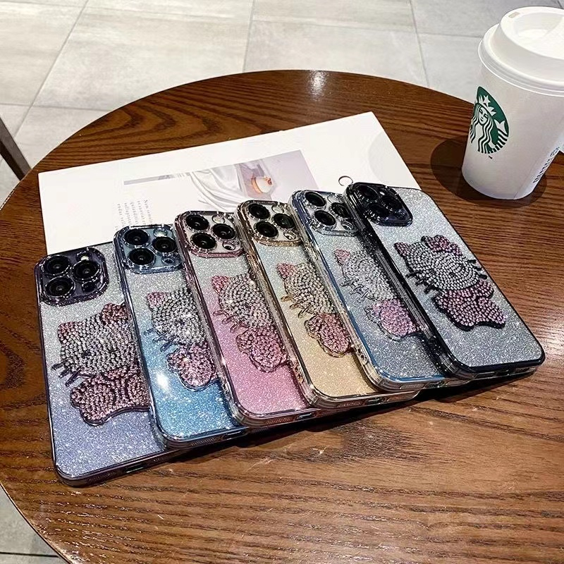 Casing Ponsel Berlian Kristal Electroplated Mewah iPhone 14 Pro Max 13 Pro Max 12 Pro Max11 Pro Max KT Motif Kucing Lensa Terpasang film Pencegah Jatuh Casing