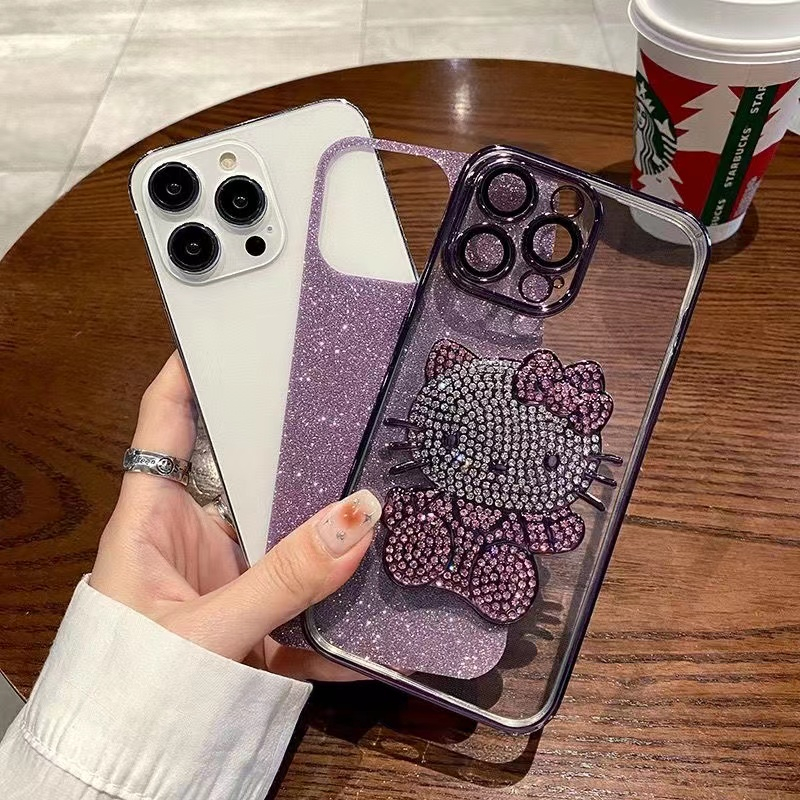 Casing Ponsel Berlian Kristal Electroplated Mewah iPhone 14 Pro Max 13 Pro Max 12 Pro Max11 Pro Max KT Motif Kucing Lensa Terpasang film Pencegah Jatuh Casing