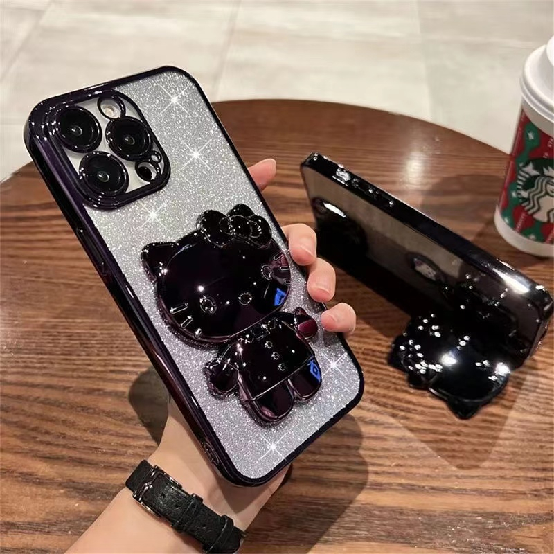 Casing Ponsel Glitter Plating Mewah iPhone 14 Pro Max 13 Pro Max 12 Pro Max 11 Pro Max KT Braket Kucing Dilengkapi Dengan Lensa film Casing Pencegah Jatuh