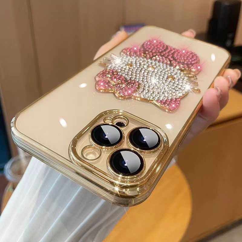 Casing Hp Electroplated Mewah iPhone 14 Pro Max 13 Pro Max 12 Pro Max 11 Pro Max KT Motif Kucing Lensa Terpasang film Casing Pencegah Jatuh