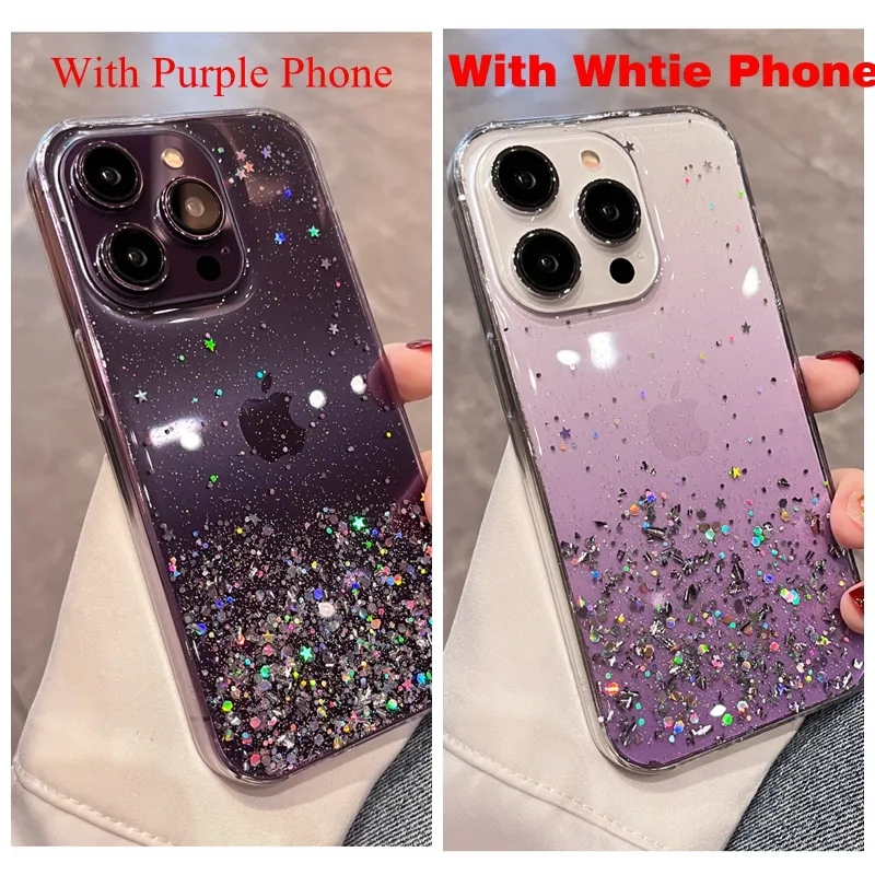 Soft Case Transparan Motif Glitter Untuk iPhone 11 12 13 14 Pro Max XR XS 7 8 Plus