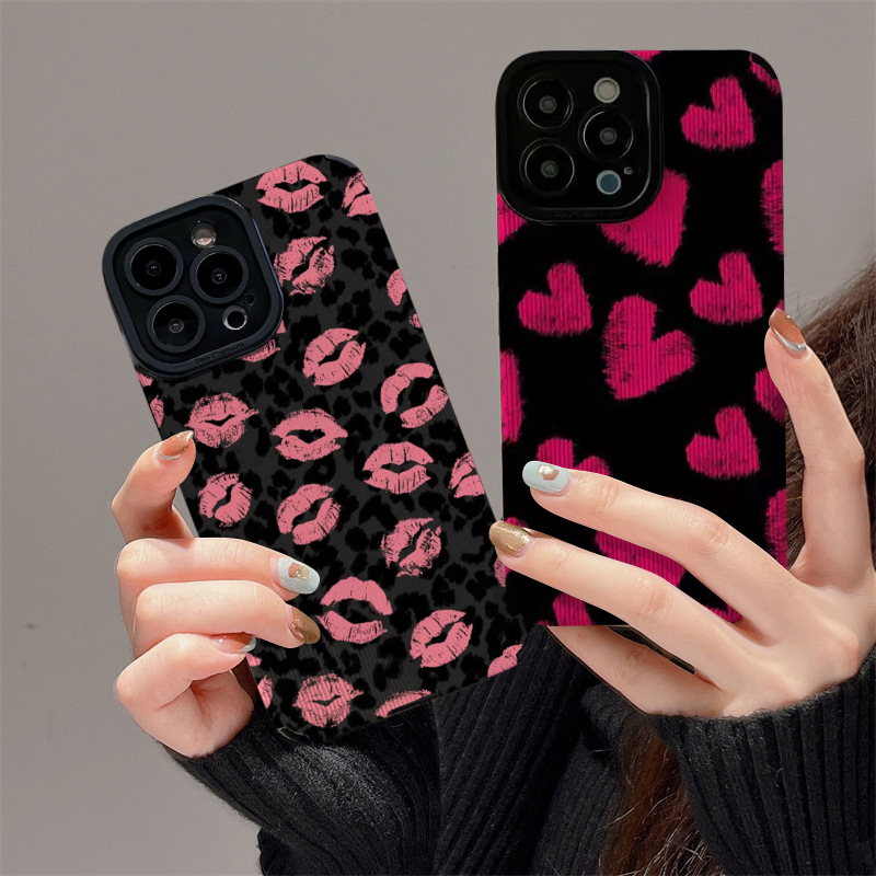 IPHONE Casing Ponsel Mewah Tahan Guncangan Kompatibel Untuk Iphone11 14 12 13 Pro Max7 8 Plus X XR XS MAX 7Plus Retro Fashion Leopard Cinta Hati Bibir Lembut Tpu Silicon Tekstur Kulit Cover