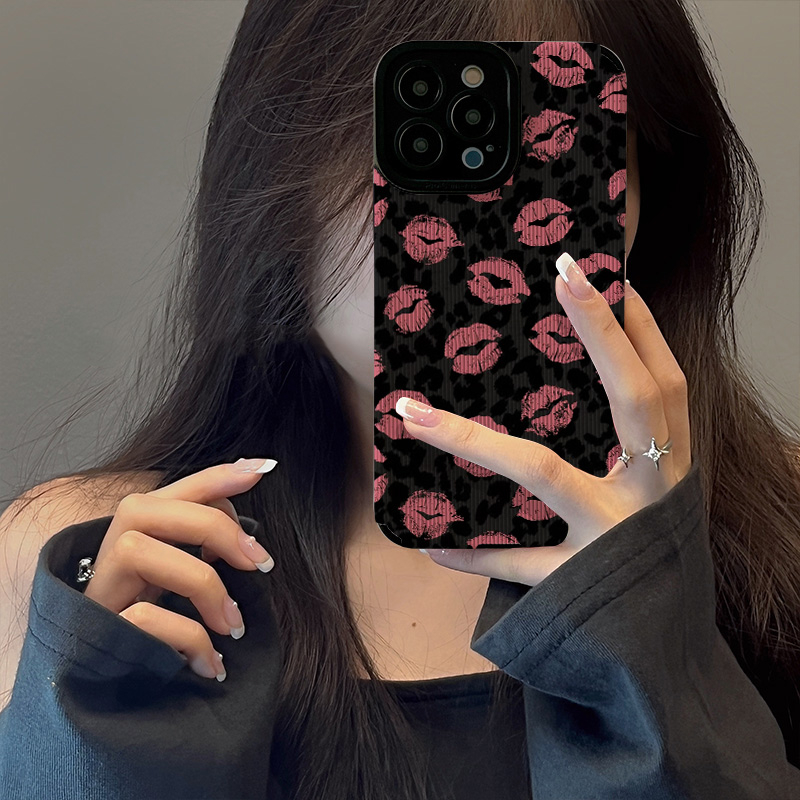 IPHONE Casing Ponsel Mewah Tahan Guncangan Kompatibel Untuk Iphone11 14 12 13 Pro Max7 8 Plus X XR XS MAX 7Plus Retro Fashion Leopard Cinta Hati Bibir Lembut Tpu Silicon Tekstur Kulit Cover