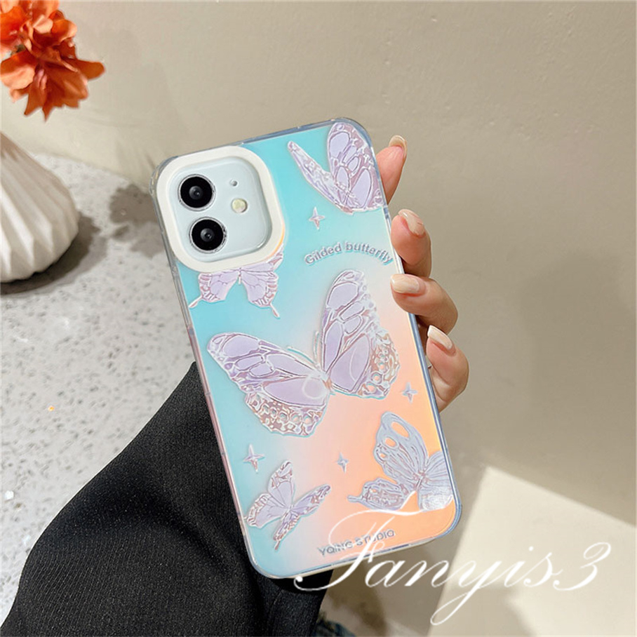 Compatible For IPhone 14 13 12 11 Pro Max X XR Xs Max 8 7 Plus SE 2020 Kompatibel Untuk Gilded Butterfly IMD Laser Gradient Phone Case TPU Lembut Shockproof Cover Pelindung