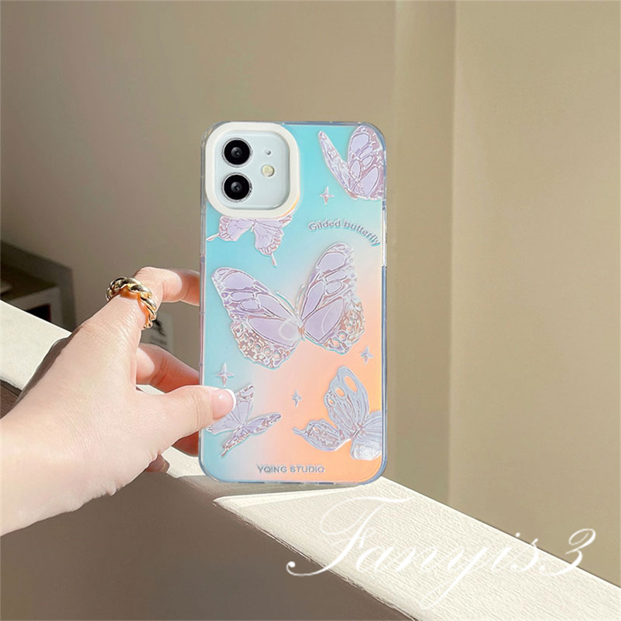 Compatible For IPhone 14 13 12 11 Pro Max X XR Xs Max 8 7 Plus SE 2020 Kompatibel Untuk Gilded Butterfly IMD Laser Gradient Phone Case TPU Lembut Shockproof Cover Pelindung