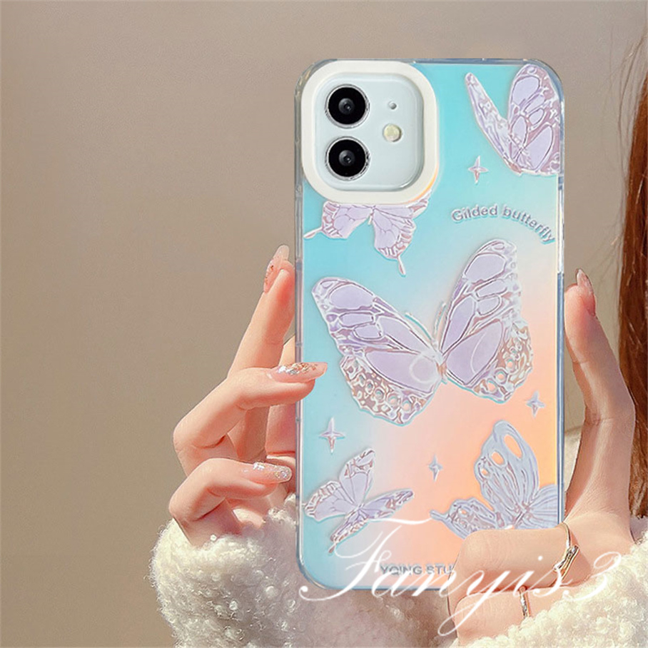 Compatible For IPhone 14 13 12 11 Pro Max X XR Xs Max 8 7 Plus SE 2020 Kompatibel Untuk Gilded Butterfly IMD Laser Gradient Phone Case TPU Lembut Shockproof Cover Pelindung