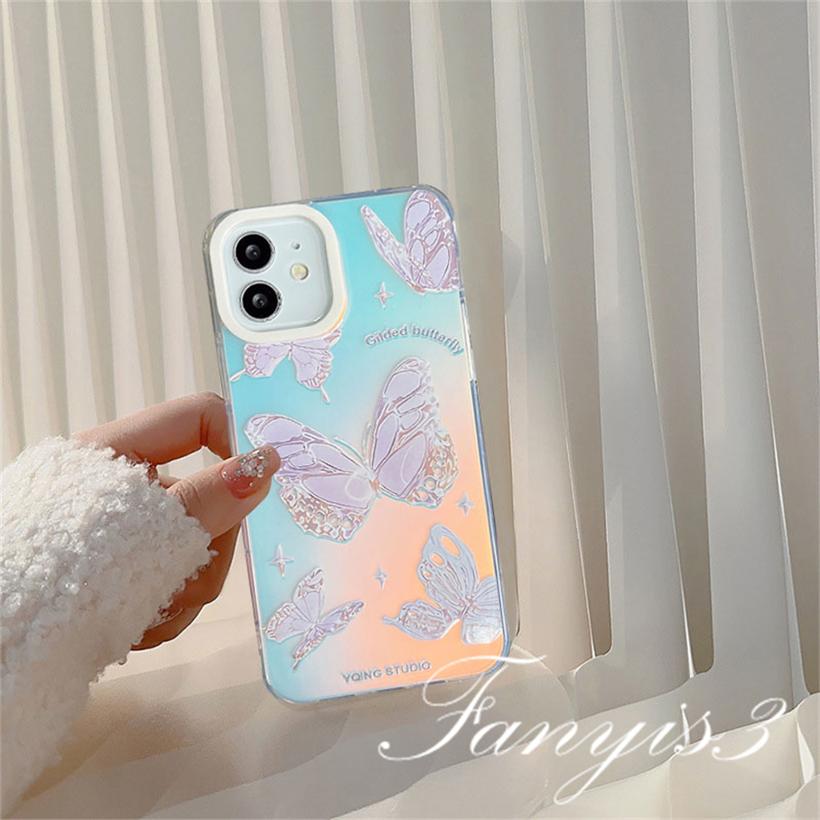 Compatible For IPhone 14 13 12 11 Pro Max X XR Xs Max 8 7 Plus SE 2020 Kompatibel Untuk Gilded Butterfly IMD Laser Gradient Phone Case TPU Lembut Shockproof Cover Pelindung