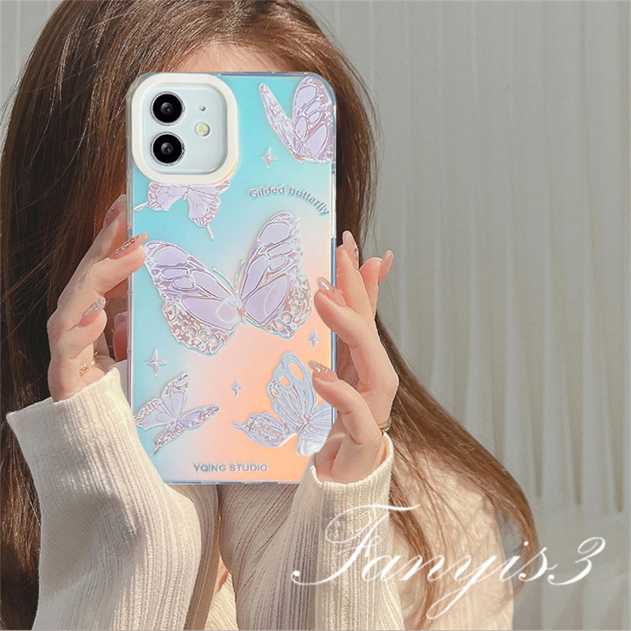 Compatible For IPhone 14 13 12 11 Pro Max X XR Xs Max 8 7 Plus SE 2020 Kompatibel Untuk Gilded Butterfly IMD Laser Gradient Phone Case TPU Lembut Shockproof Cover Pelindung