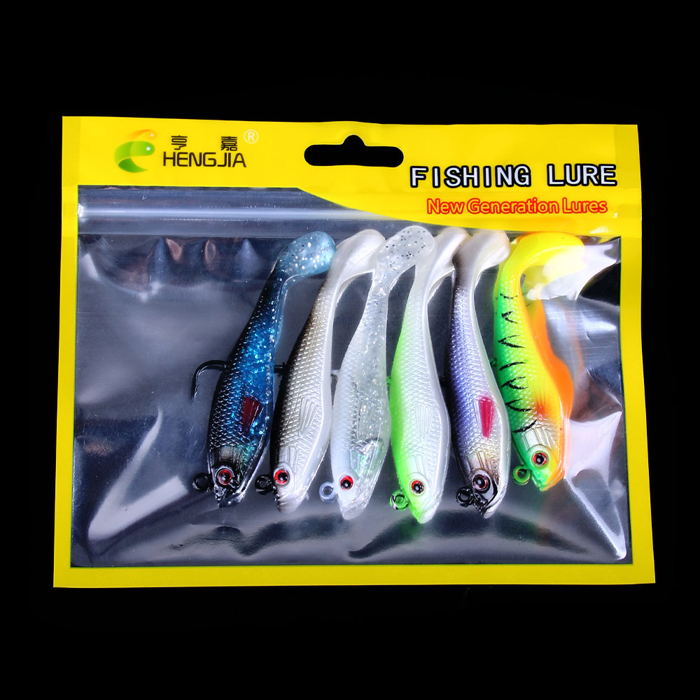 Hengjia 6pcs/Pack Umpan Palsu Jigging Umpan Lembut Umpan Pancing 8cm 10/12g Memimpin Kepala Jig Ikan T Ekor Bass Laut Lure Fishing Tackle 6warna