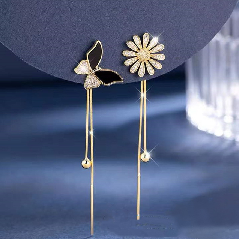 Anting Bunga Daisy, Daun Minyak Dicat Lebah, Anting Rumbai Gaya Panjang Asimetris, Fashion Edisi Korea, Aksesoris Wanita Presisi