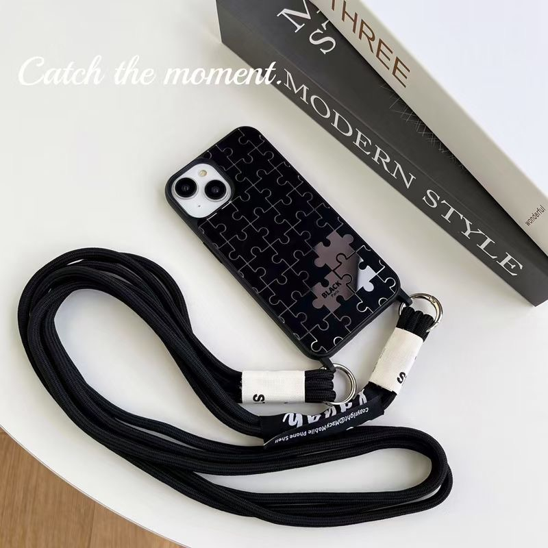 CASE With hanging rope Mirror Black Puzzle FOR iPhone14promax Phone Case Suitable for Apple 12 13 14 Pro Max Custom Puzzle New Anti Drop Phone Case