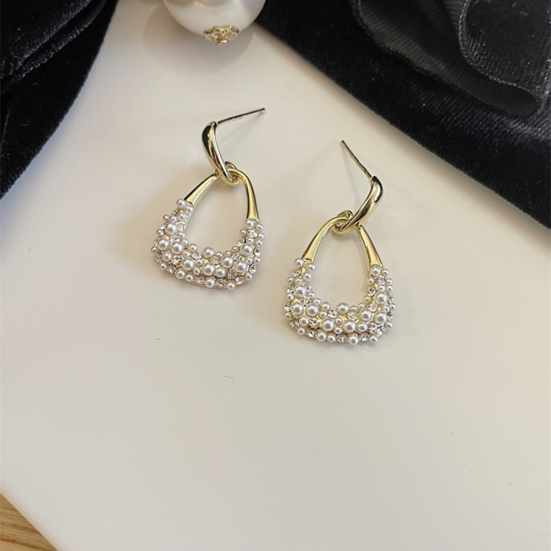 Anting Mutiara Persegi Geometris Berlian Berkilau lady's Elegan vintage Korea