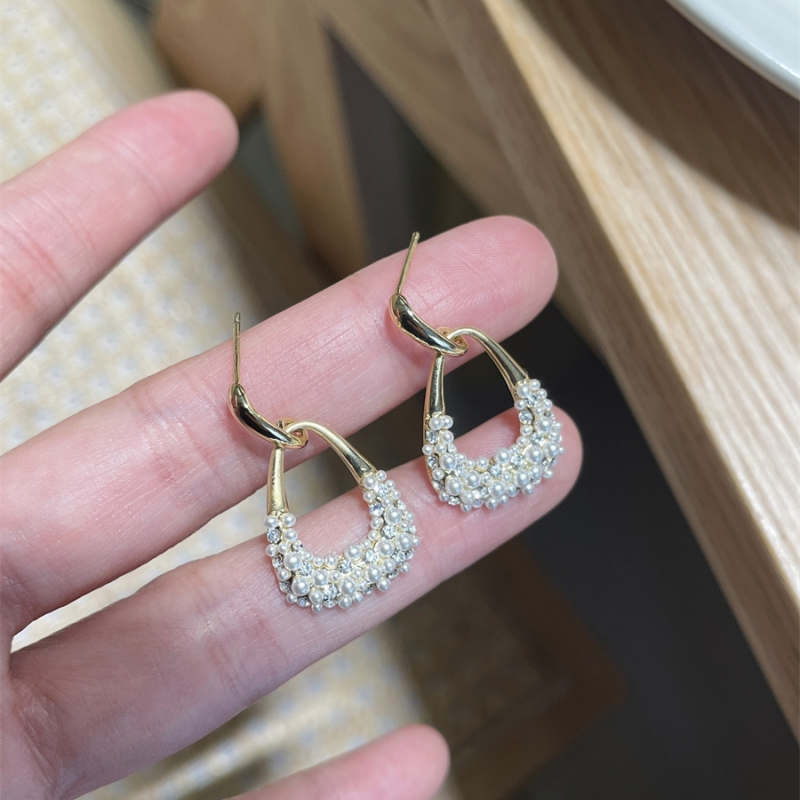 Anting Mutiara Persegi Geometris Berlian Berkilau lady's Elegan vintage Korea