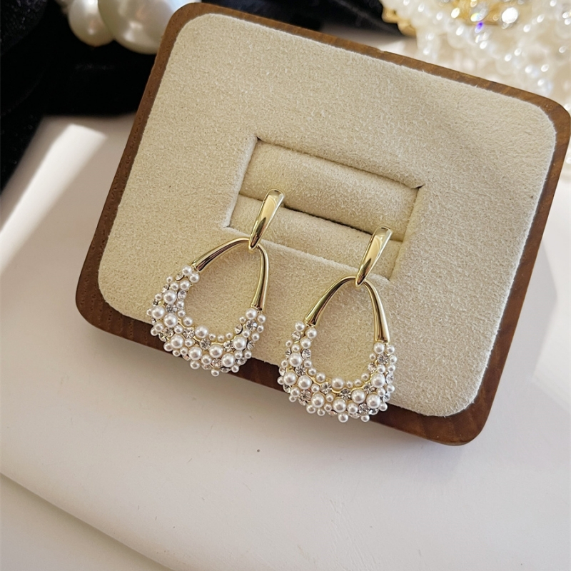 Anting Mutiara Persegi Geometris Berlian Berkilau lady's Elegan vintage Korea