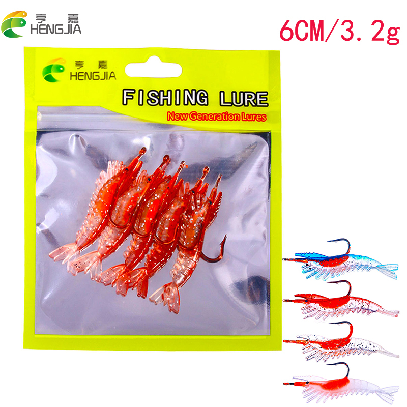 Hengjia 5Pcs/Bag Umpan Pancing Softlure Bentuk Udang Shrimp Bait Bahan Silikon Ukuran 6cm3g Prawn Lure With Sharp Hook