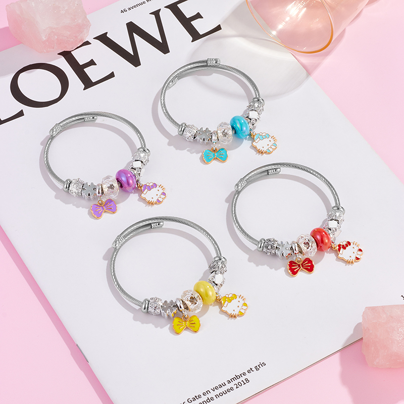 Xiaoboacc Gelang Perak Anti Karat Untuk Wanita Fashion Kartun KT Cat Beads Bangles Adjustable