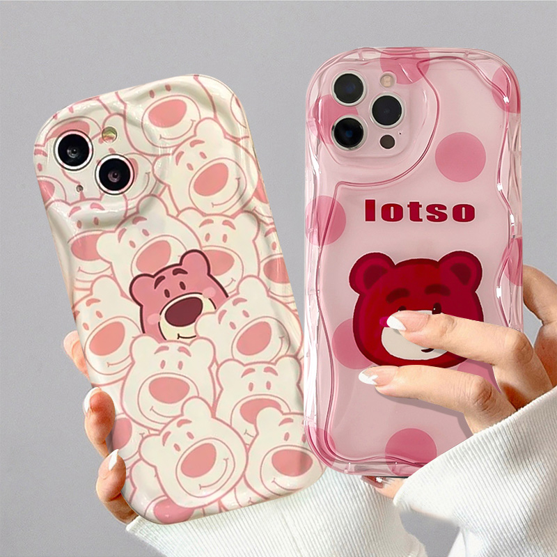 IPHONE Lovely Strawberry Bear Kartun Case Kompatibel Untuk Iphone11Xr 7Plus 8Plus 12 14 13 Pro Max X7 8 6s 6 Plus XS Max SE 2020 3D Wavy Curved Edge Glossy Shockproof Soft Cover