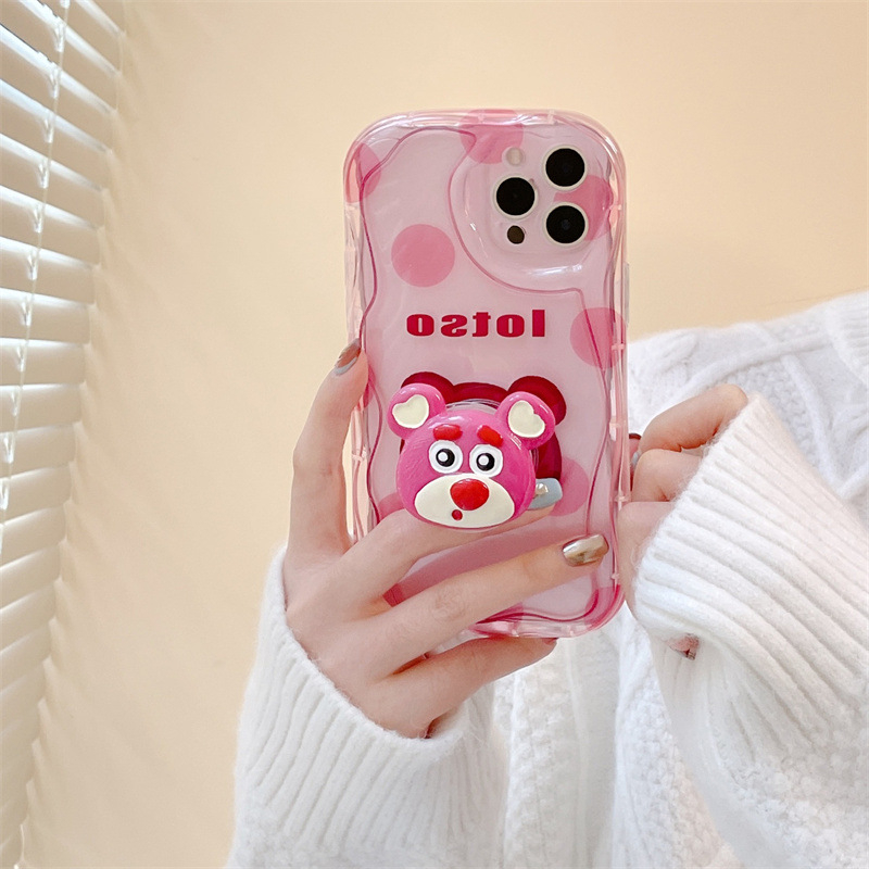 IPHONE Lovely Strawberry Bear Kartun Case Kompatibel Untuk Iphone11Xr 7Plus 8Plus 12 14 13 Pro Max X7 8 6s 6 Plus XS Max SE 2020 3D Wavy Curved Edge Glossy Shockproof Soft Cover