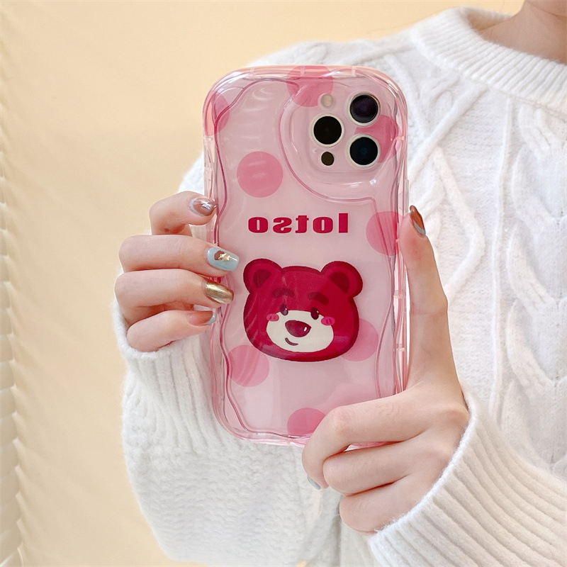 IPHONE Lovely Strawberry Bear Kartun Case Kompatibel Untuk Iphone11Xr 7Plus 8Plus 12 14 13 Pro Max X7 8 6s 6 Plus XS Max SE 2020 3D Wavy Curved Edge Glossy Shockproof Soft Cover