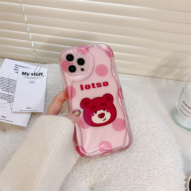 IPHONE Lovely Strawberry Bear Kartun Case Kompatibel Untuk Iphone11Xr 7Plus 8Plus 12 14 13 Pro Max X7 8 6s 6 Plus XS Max SE 2020 3D Wavy Curved Edge Glossy Shockproof Soft Cover