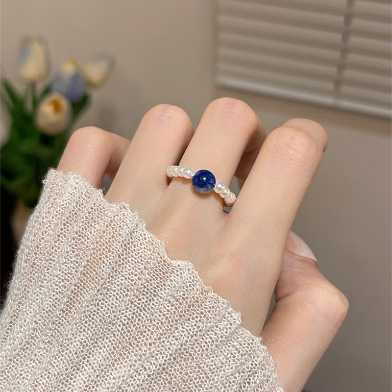 Cincin Mutiara Imitasi Gaya Retro Perempuan Cincin Batu Alam Sederhana Korea