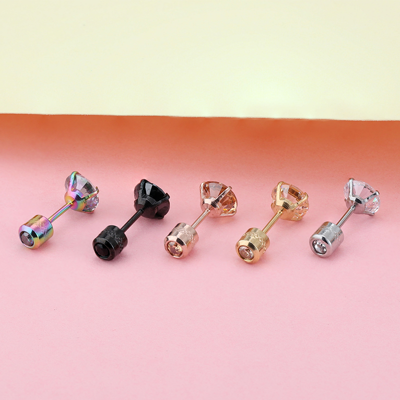 [ACKER] 4mm 1pasang Multicolor Titanium Stainless Cubic Zirconia Diamond AAA+Anting Tusuk Zircon Untuk Wanita /Pria