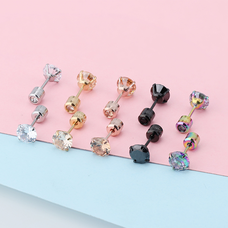 [ACKER] 4mm 1pasang Multicolor Titanium Stainless Cubic Zirconia Diamond AAA+Anting Tusuk Zircon Untuk Wanita /Pria